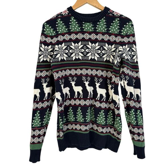 Aspen Fair Isle Christmas Sweater Deer Snowflake Trees Navy Green Size Small - Picture 1 of 8